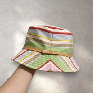 Vintage Y2K Coach Striped Canvas Bucket Hat w/ Leather Bow